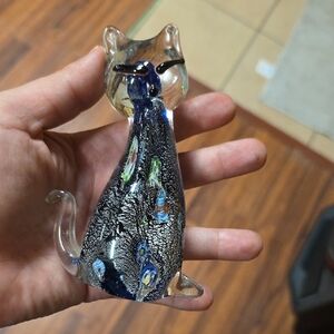 Glass Cat Figurine with Black and Blue Accents